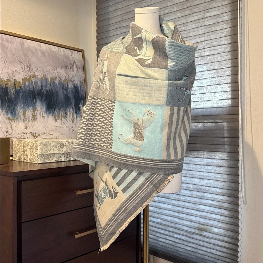 Devon Aqua Equestrian Motif Luxe Multi Use Shawl/Wrap/Home Decor